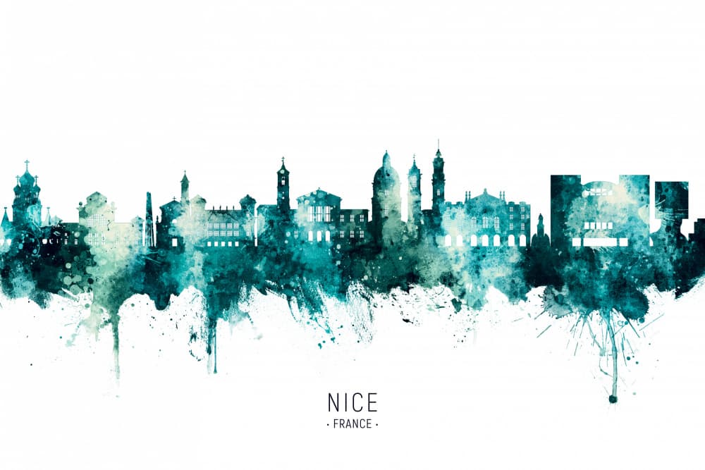 Nice France Watercolor Skyline by Michael Tompsett — canvas wall art