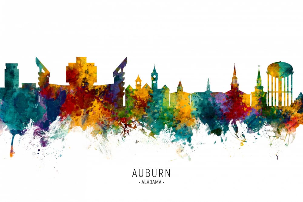 Vibrant Auburn Alabama Skyline by Michael Tompsett — canvas wall art