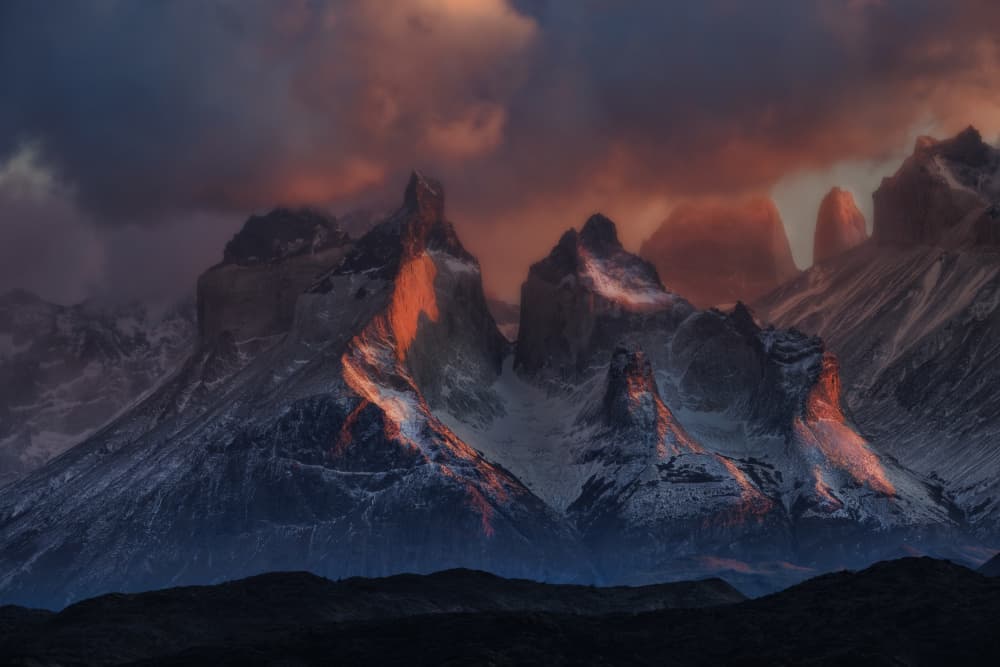 Fiery Patagonia Peaks by Jenny Qiu — canvas wall art