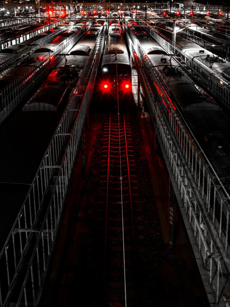 Red Lights Night Trains by Yohei Kawashima — canvas wall art
