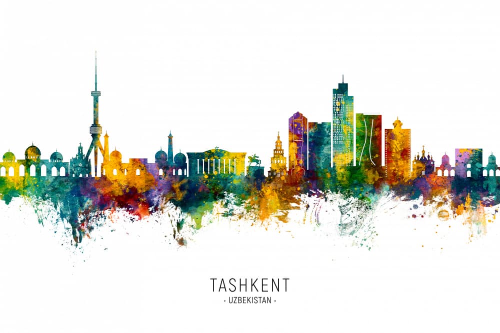 Tashkent Watercolor Skyline by Michael Tompsett — canvas wall art