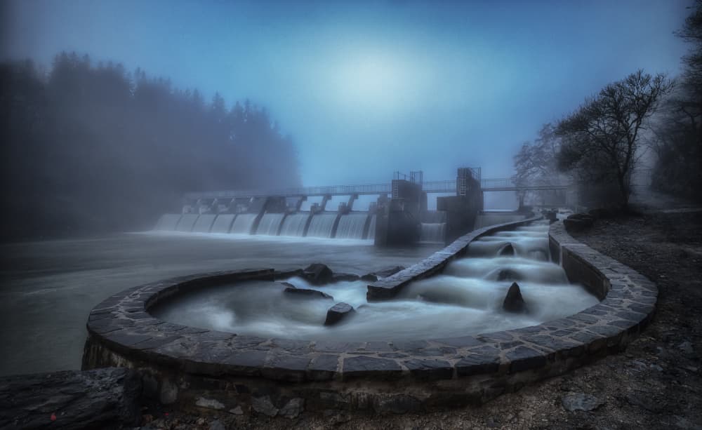 Misty Blue River Dam by Guy Krier — canvas wall art