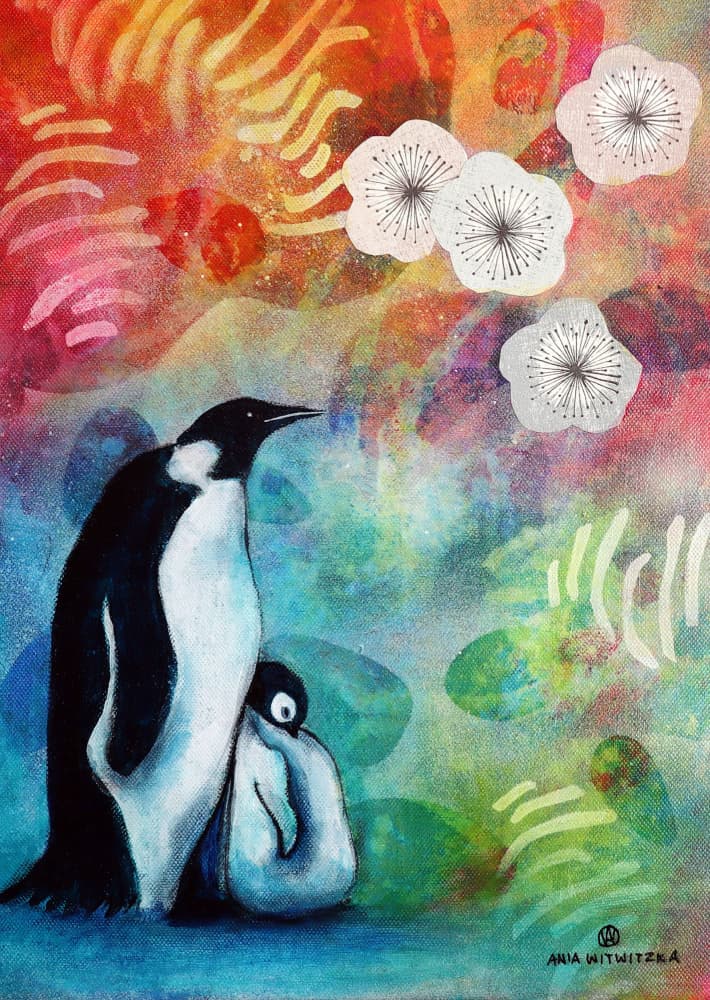 Penguin Family Blossom by Ania Witwitzka — canvas wall art