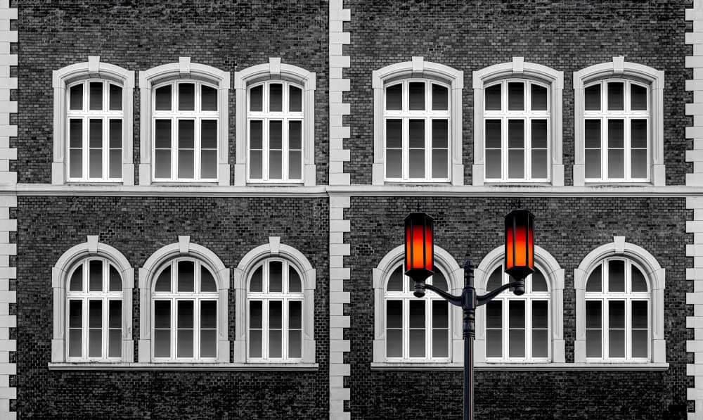 Red Lamps and Windows by Roland M Schwerdtfeger — canvas wall art