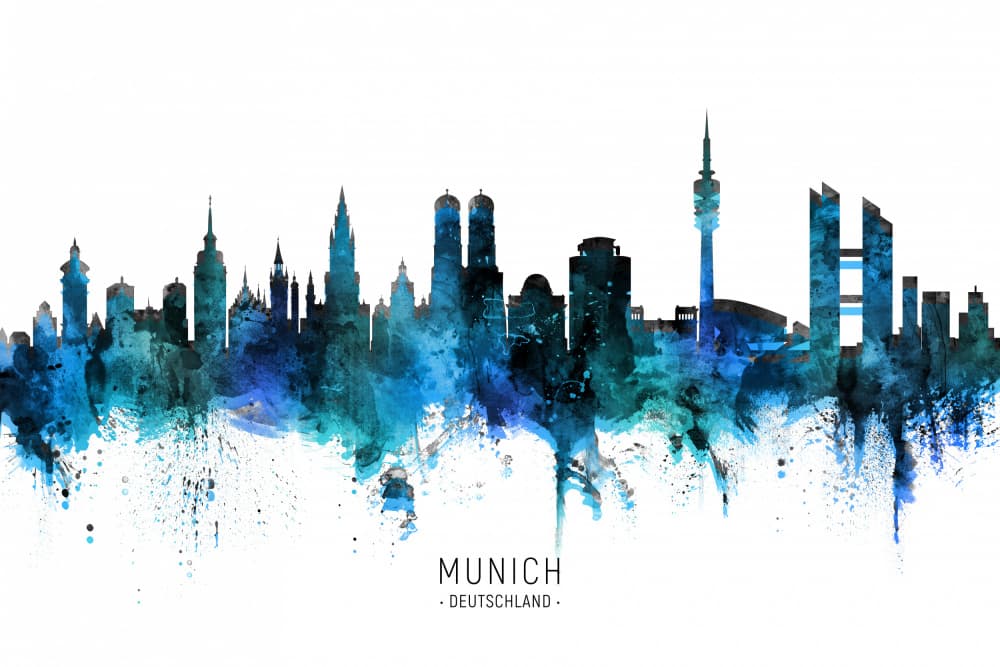 Munich Watercolor Skyline by Michael Tompsett — canvas wall art