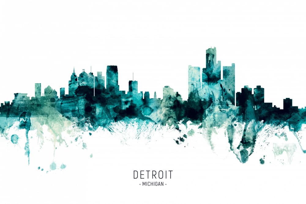 Detroit Watercolor Skyline by Michael Tompsett — canvas wall art