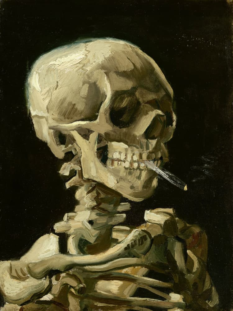Head of a skeleton with a burning cigarette by Vincent Van Gogh — canvas wall art