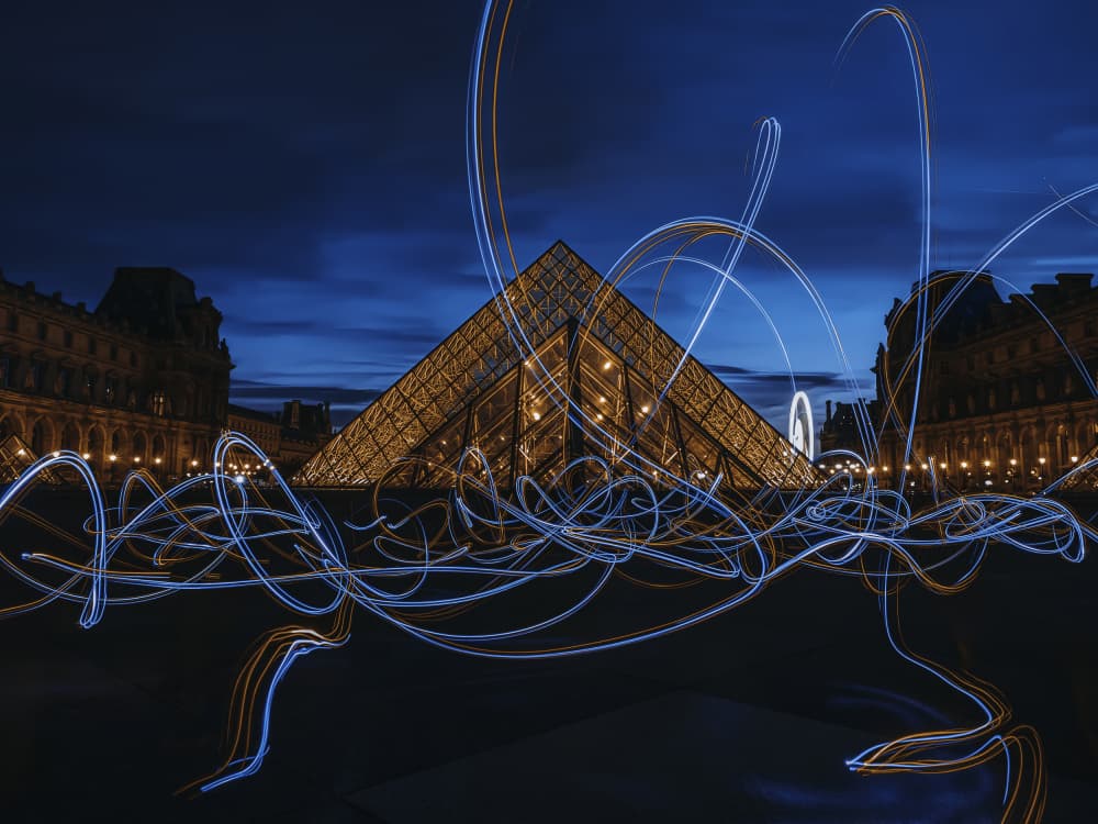Louvre Pyramid Light Trails by Amir — canvas wall art