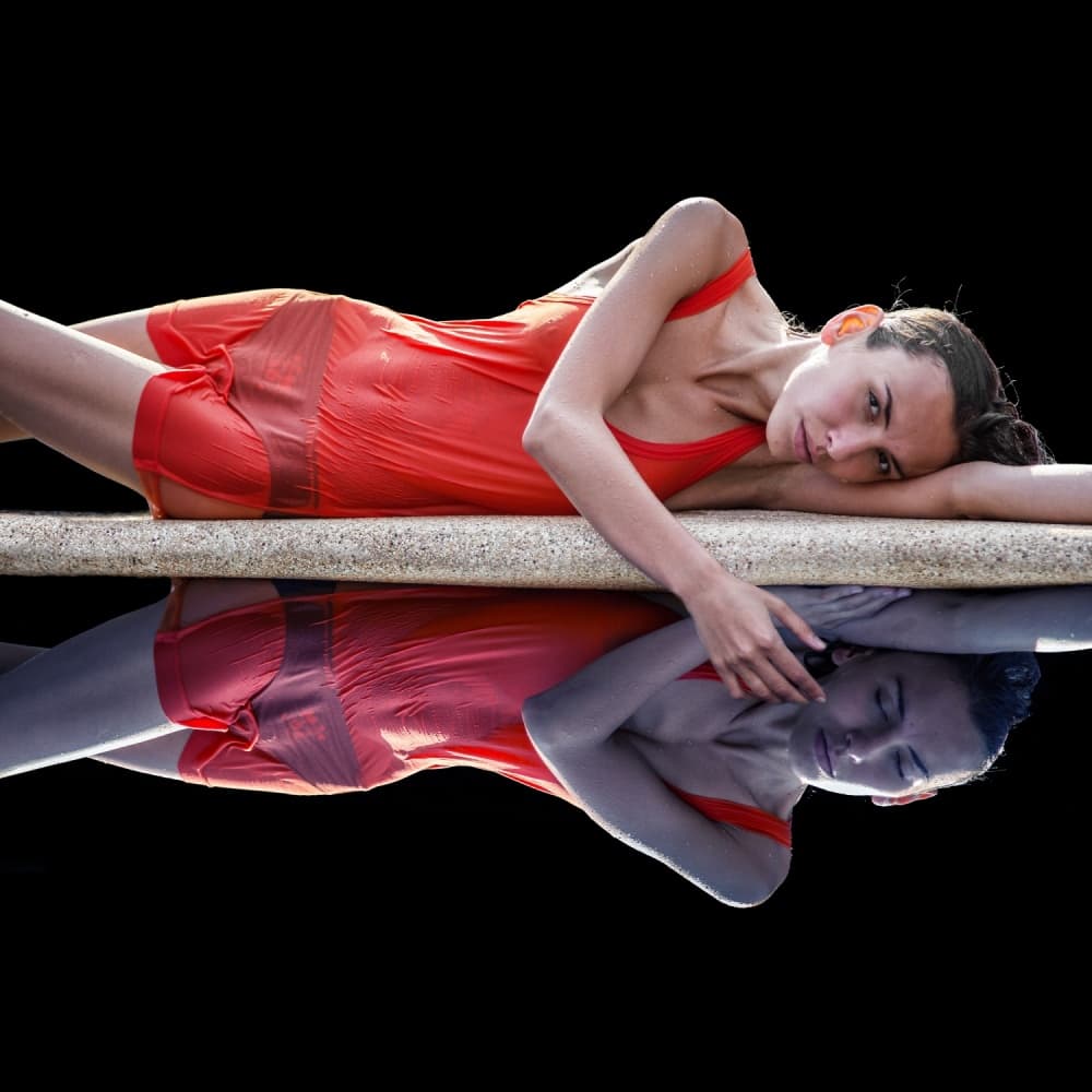 Red Dress Pool Reflection by Julian D. — canvas wall art