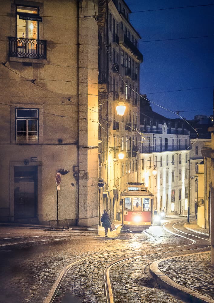 Blue Hour City Tram by yoann — canvas wall art