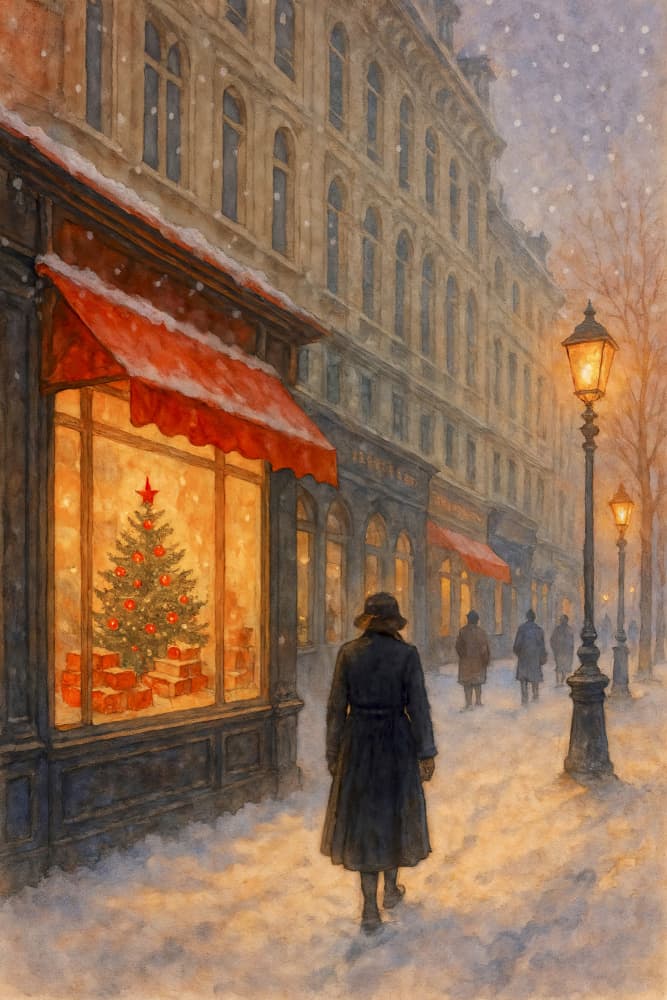 Snowy Christmas City Walk by Natalie Bruns — canvas wall art