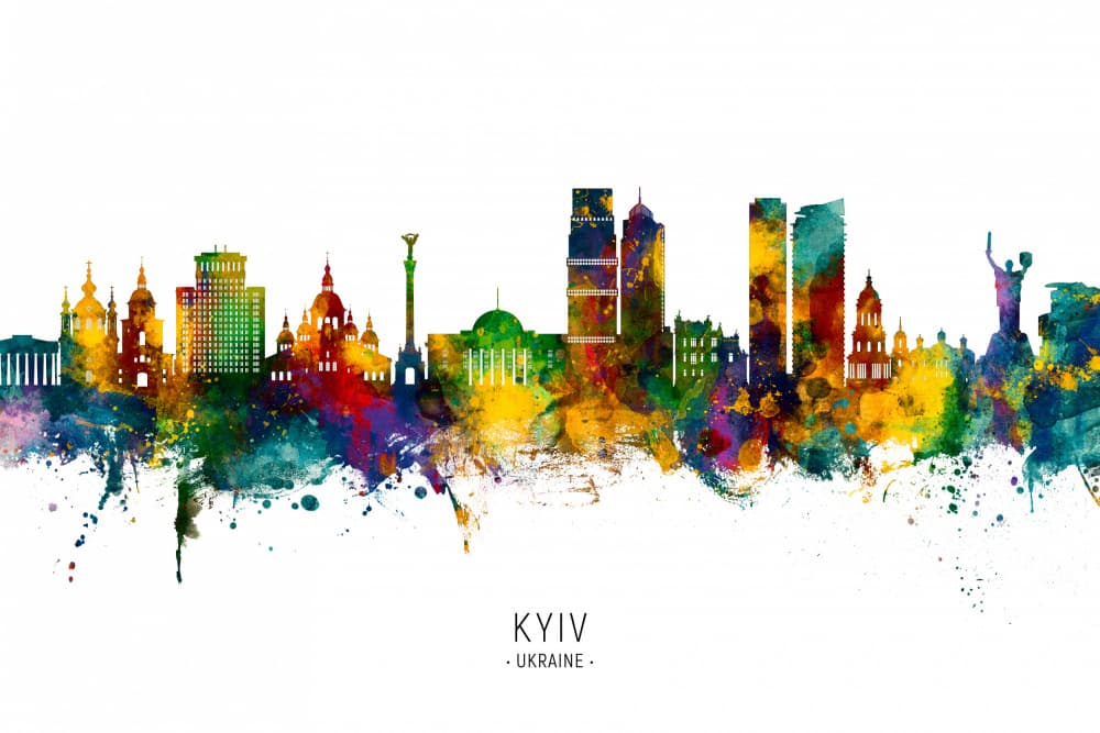 Kyiv Watercolor Skyline by Michael Tompsett — canvas wall art
