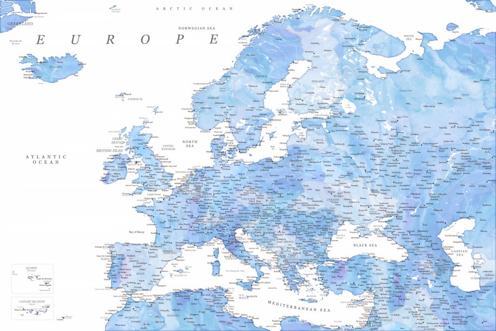 Watercolor Europe Map by Rosana Laiz Blursbyai — canvas wall art