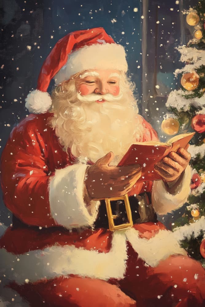 Jolly Santa Reading by Melloi Art Prints — canvas wall art