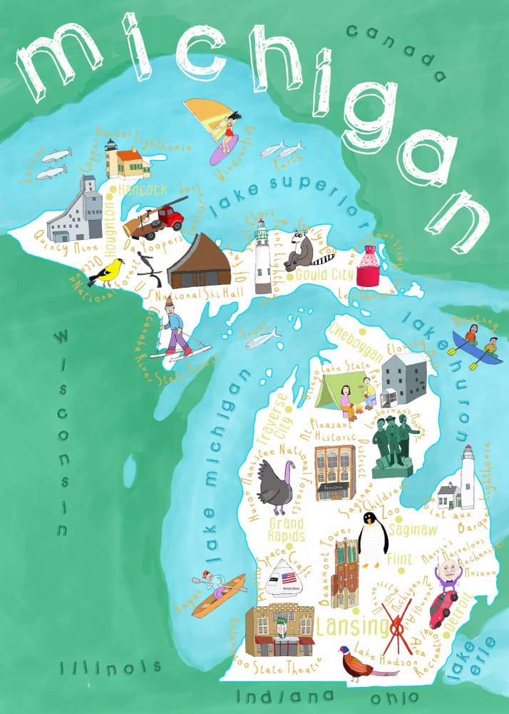 Colorful Michigan Map by Carla Daly — canvas wall art