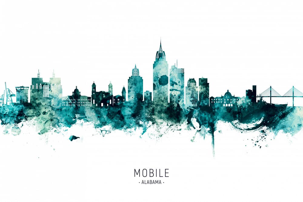 Mobile Alabama Teal Skyline by Michael Tompsett — canvas wall art