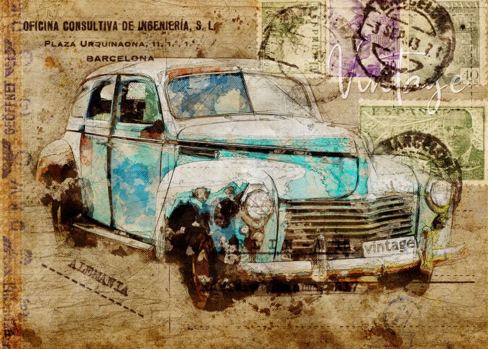 Vintage Travel Car by Lembayung senja studio [Vintage Poster] — canvas wall art