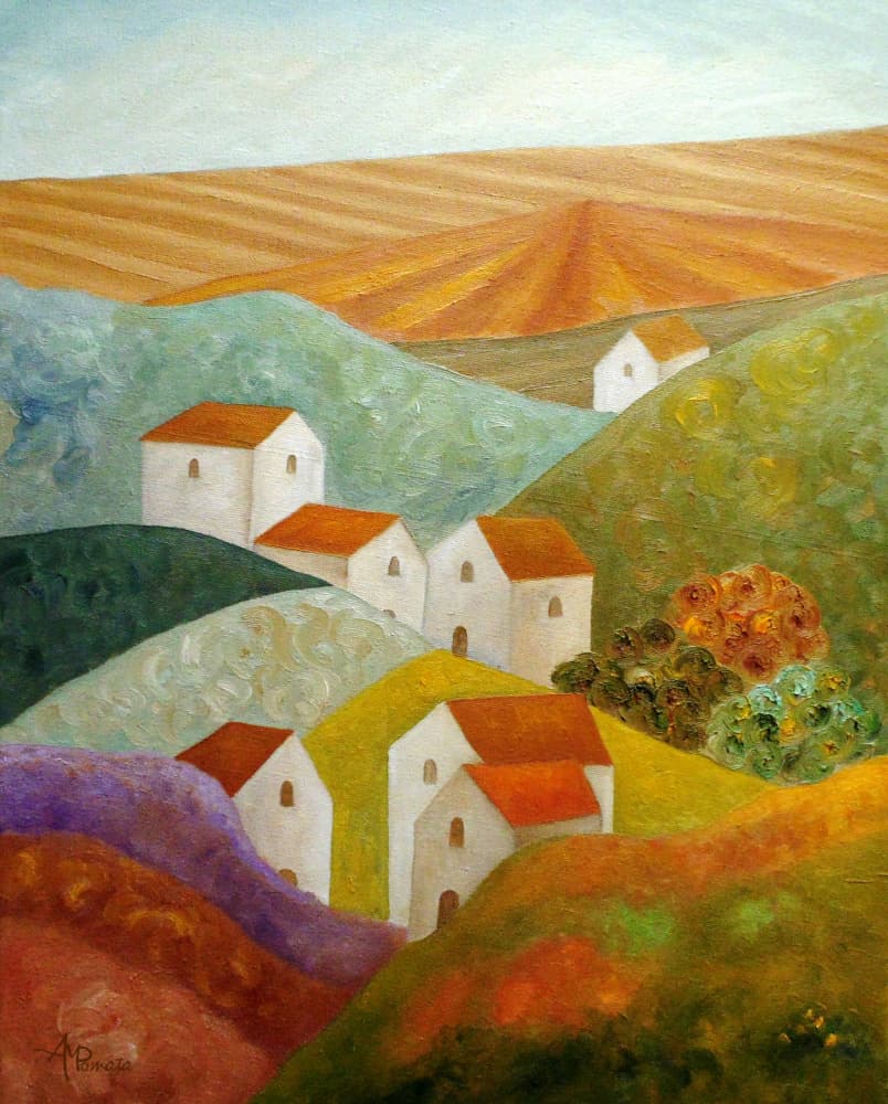 Colorful Hillside Village by Angeles M. Pomata — canvas wall art