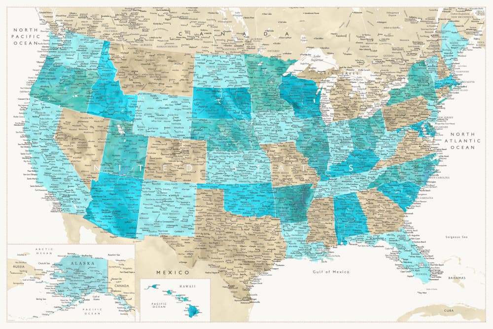 Vintage Teal USA Map by Rosana Laiz Blursbyai — canvas wall art