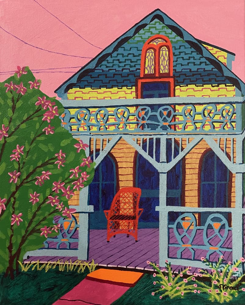 House with Pink Flowers by Sue Graef — canvas wall art