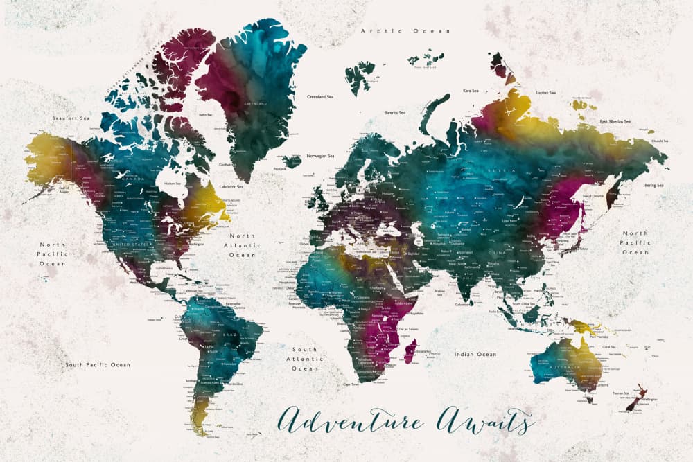 Vibrant Watercolor World Map by Rosana Laiz Blursbyai — canvas wall art