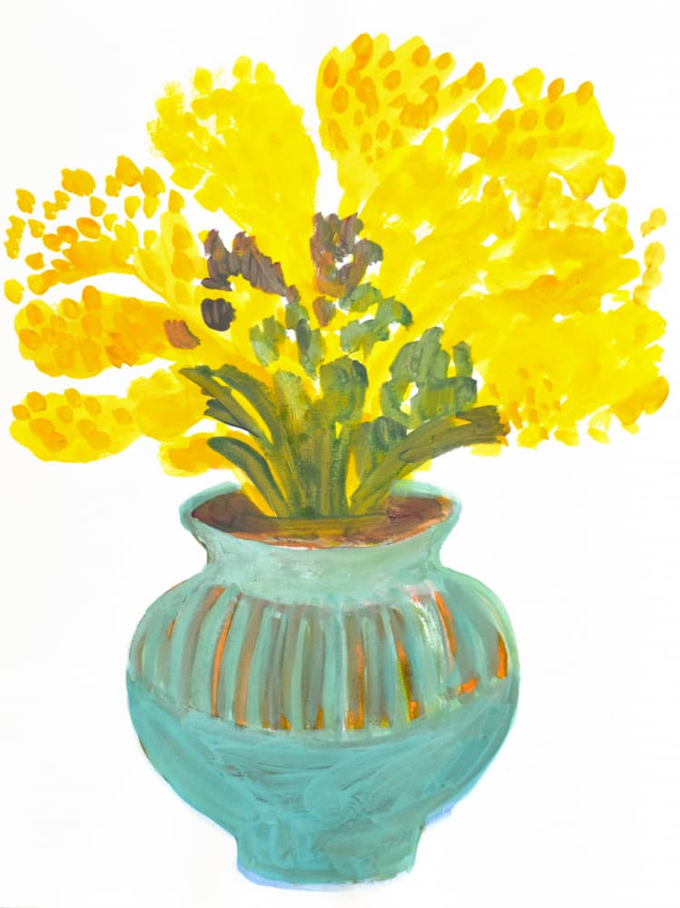 Yellow Blooms Teal Vase by Iria Fernandez — canvas wall art