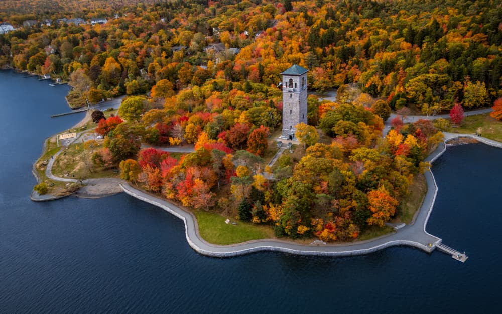 Autumn Lake Tower by Ambar Saha — canvas wall art
