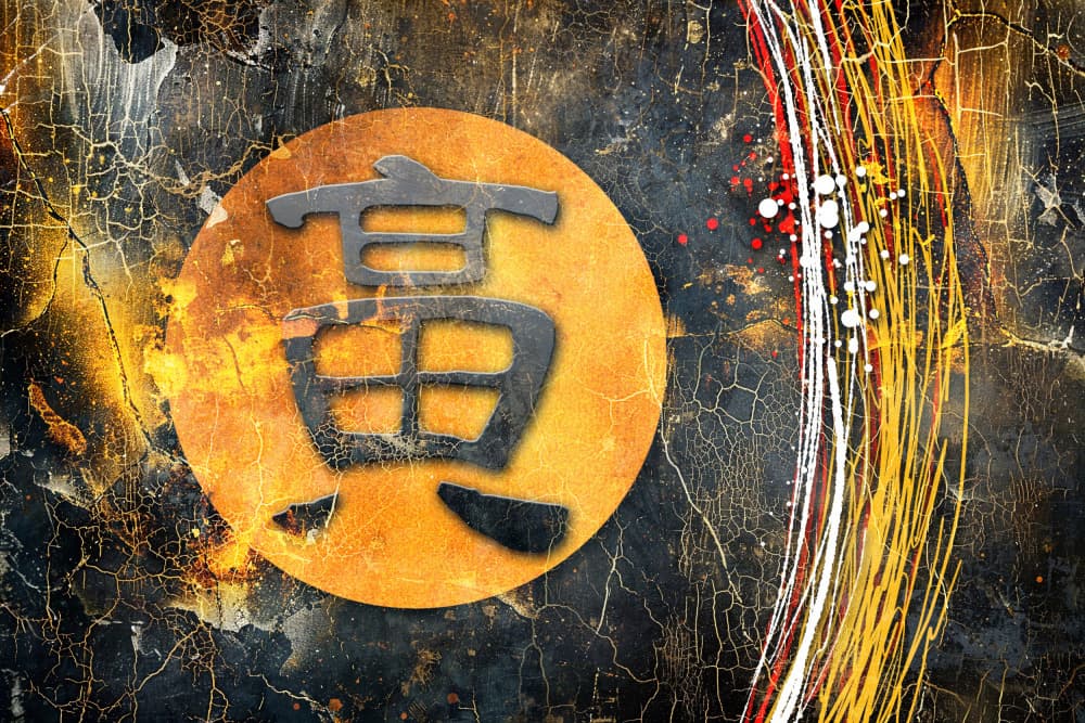 Golden Chinese Character Grunge by Rafal Kulik — canvas wall art