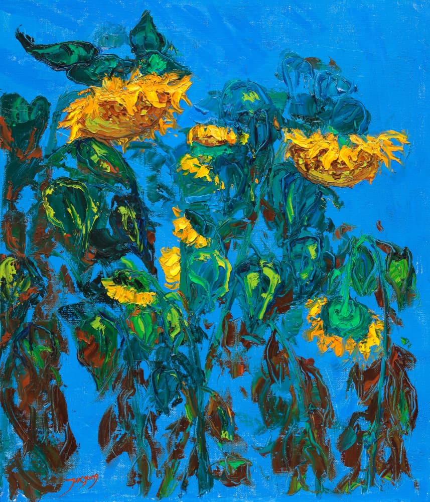 Painted Sunflowers Blue Sky by Jukyong Park — canvas wall art