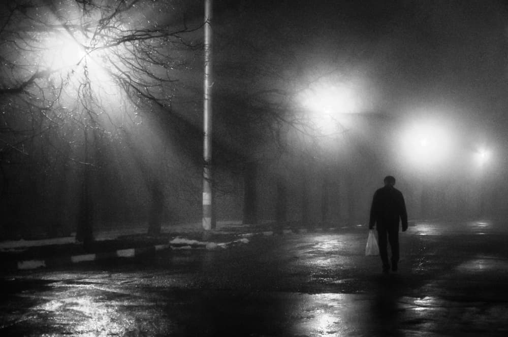 Night Walker Foggy Street by Ruslan Makhmud-Akhunov — canvas wall art