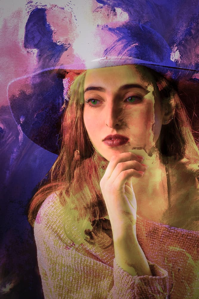 Thoughtful Woman In Purple Hat by Thierry Lagandré (Transgressed Light) — canvas wall art
