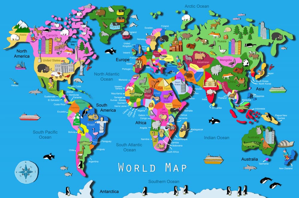 Playful World Animal Map by Carla Daly — canvas wall art
