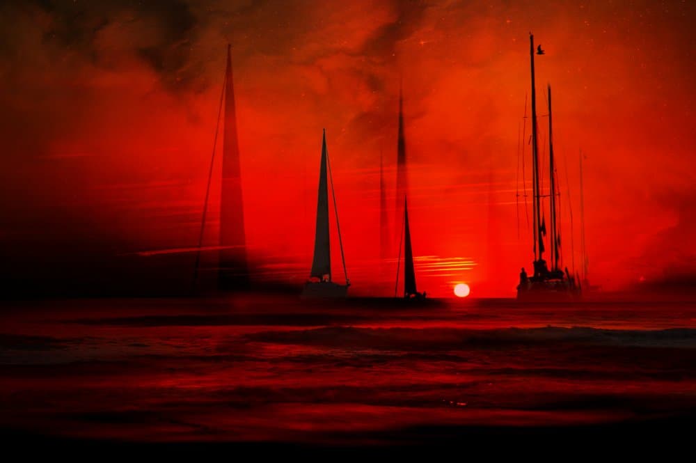 Red Sunset Sailboats by Natalia — canvas wall art