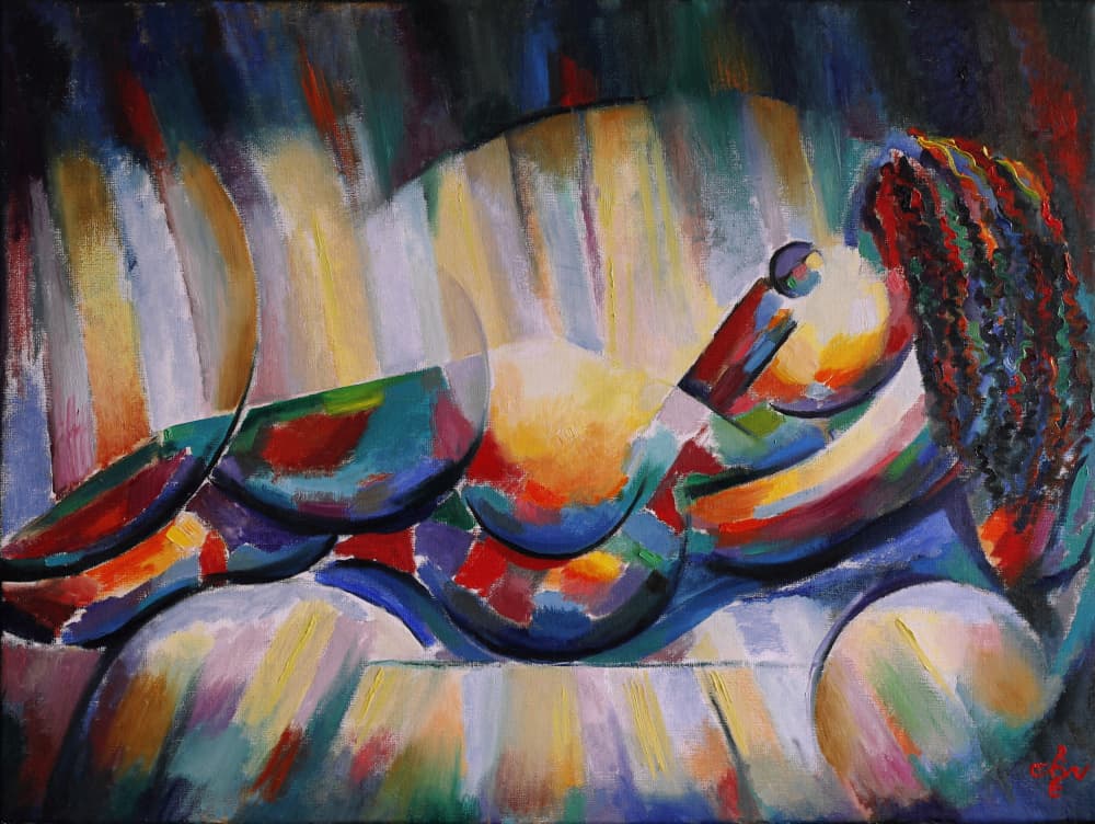 Colorful Cubist Reclining Figure by Corné Akkers — canvas wall art