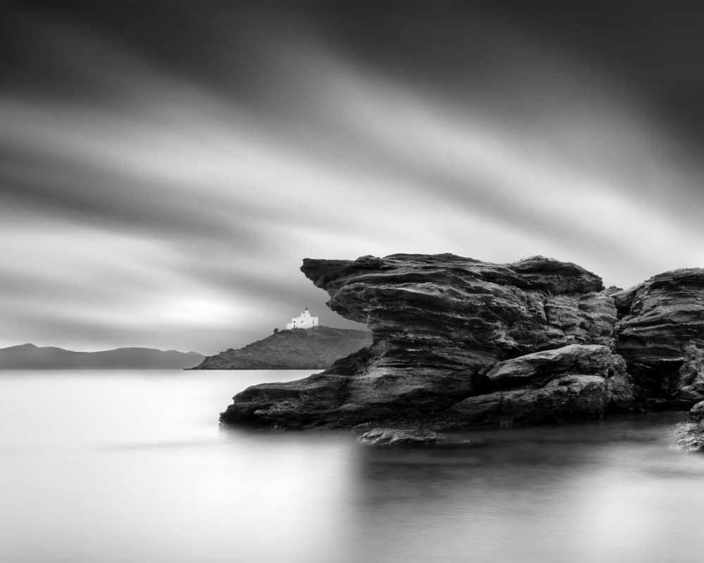 Monochrome Coastal Chapel by George Digalakis — canvas wall art