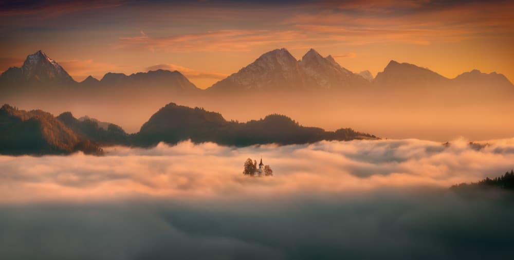 Golden Foggy Mountain Church by Krzysztof Browko — canvas wall art