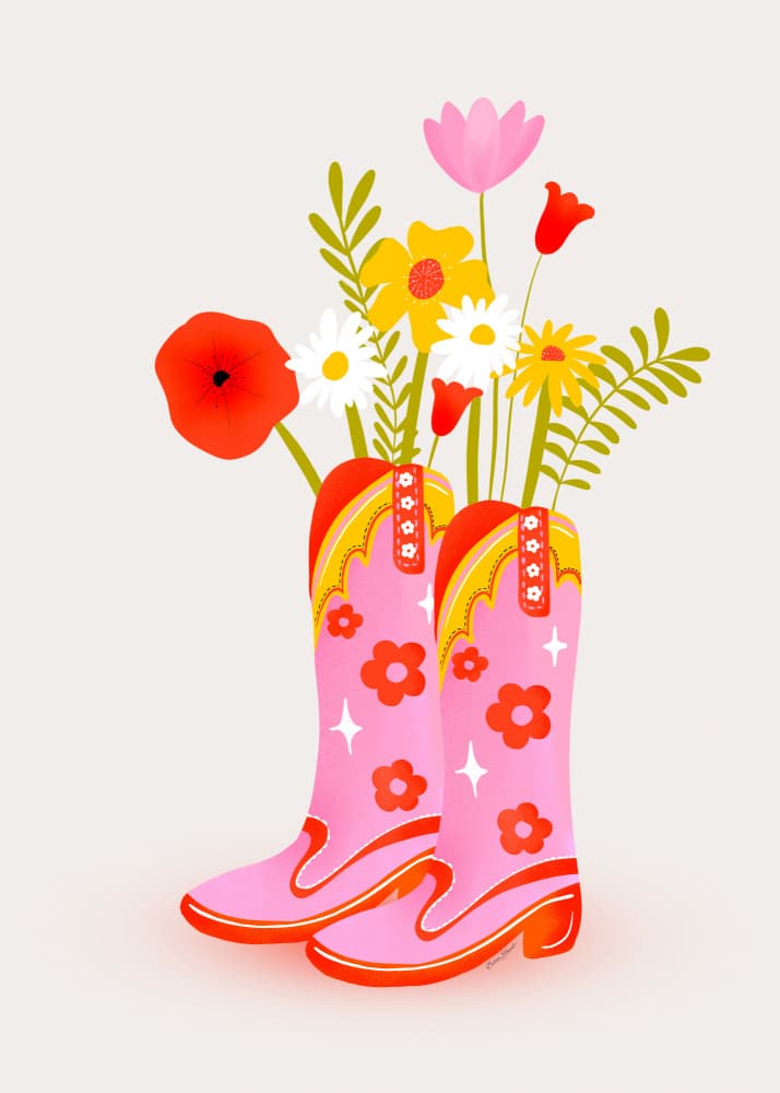 Pink Cowboy Boots Flowers by Baroo Bloom — canvas wall art