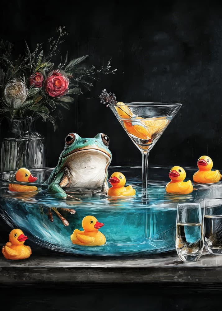 Frog and Ducks Martini by Justyna Jaszke — canvas wall art