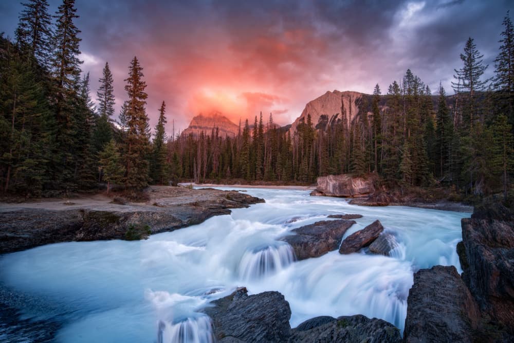 Vibrant Mountain River Sunset by Ambar Saha — canvas wall art