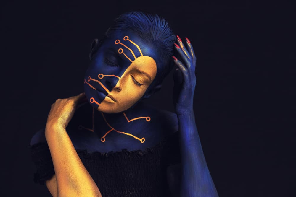 Blue Gold Cybernetic Woman by Mihai Bogdan R — canvas wall art