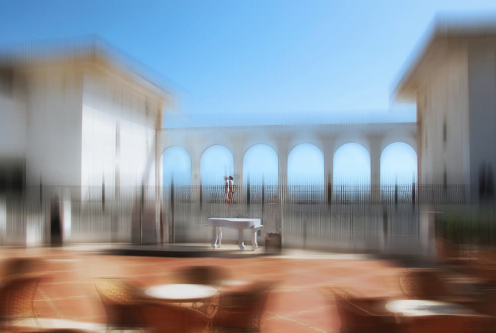 Dreamy White Piano Courtyard by Alexander Kiyashko — canvas wall art
