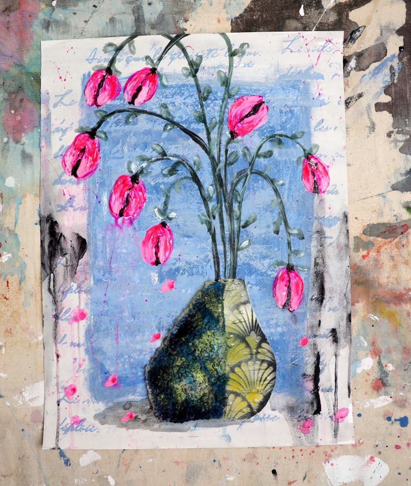 Pink Blooms in Blue by POOVI ART — canvas wall art