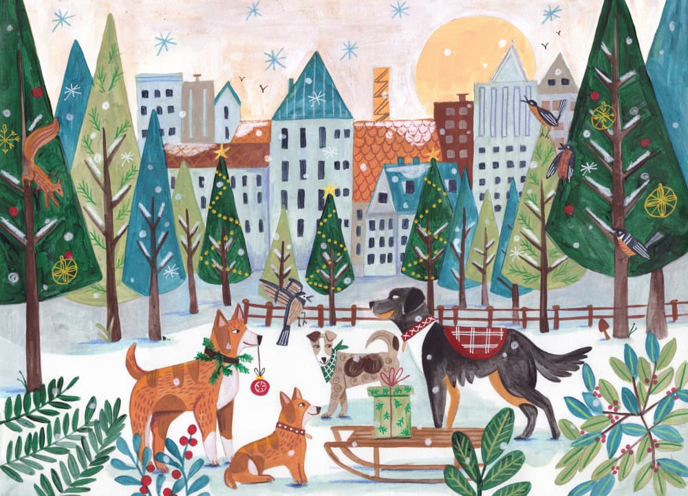 Dogs in the park Christmas by Caroline Bonne Müller — canvas wall art