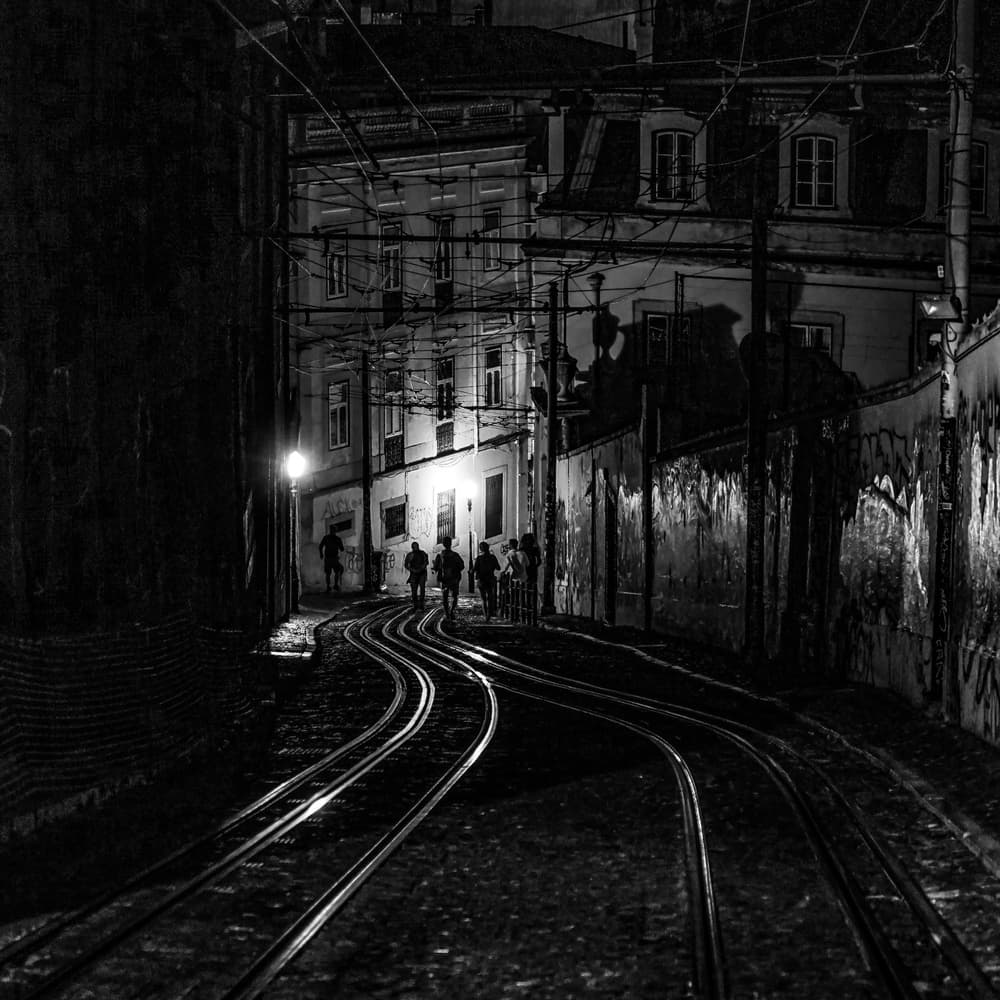Night City Tram Tracks by Michel Romaggi — canvas wall art