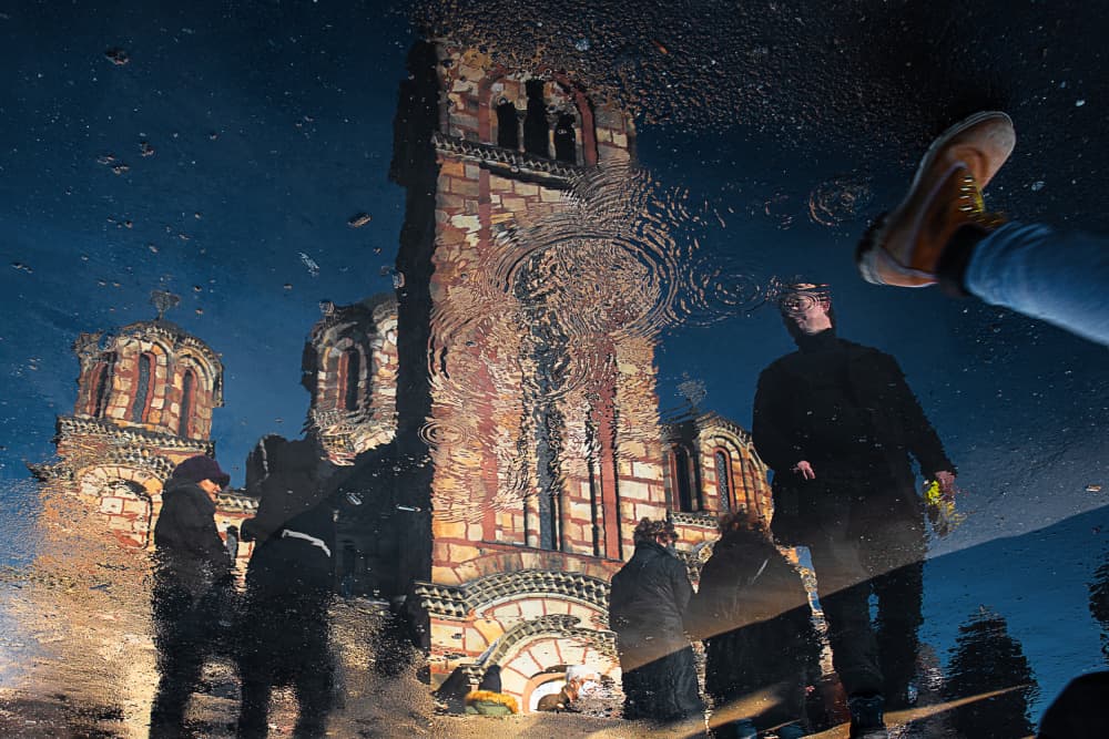 Puddle Church Reflection by Bojan Dzodan — canvas wall art