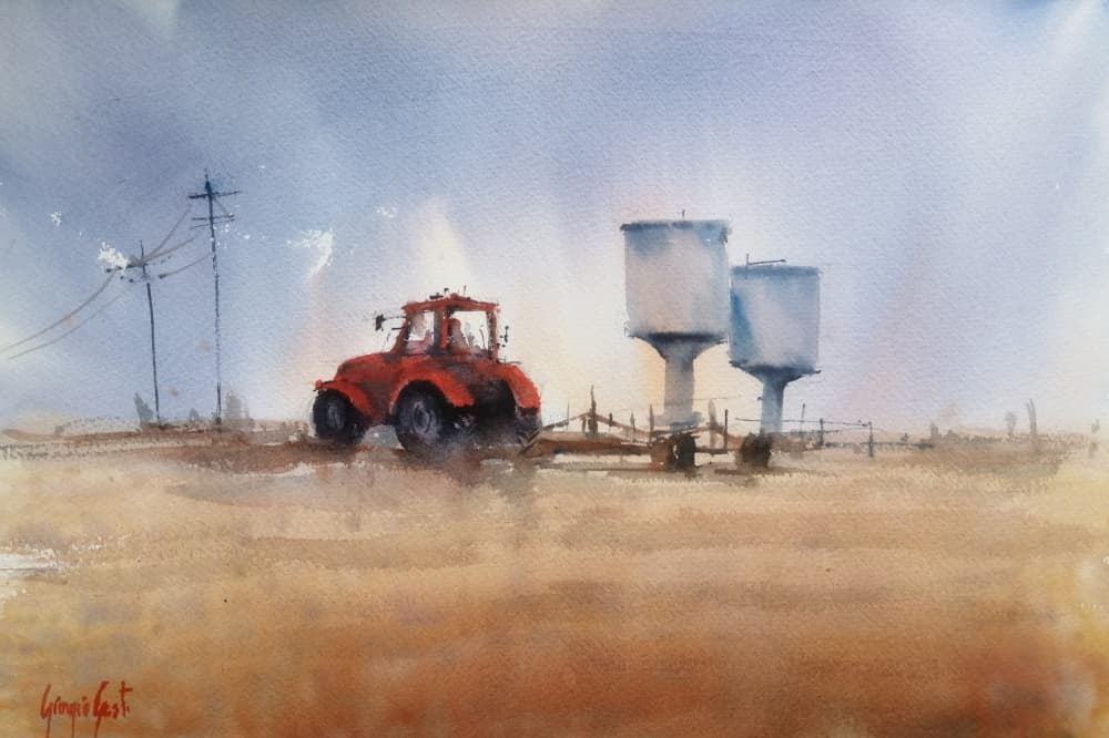Red Tractor and Towers by Giorgio Gosti — canvas wall art