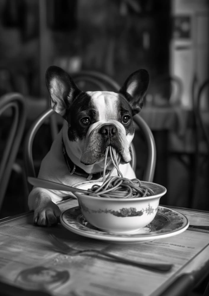 French Bulldog Eating Spaghetti by Niky Rahner — canvas wall art