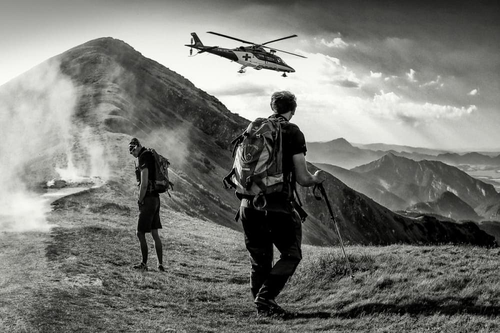 Hikers Under Rescue Helicopter by Matej Rumansky — canvas wall art