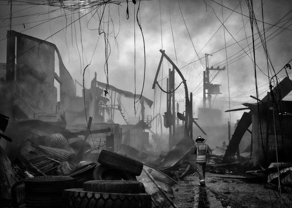 Firefighter in Smoky Ruins by Shinji Isobe — canvas wall art