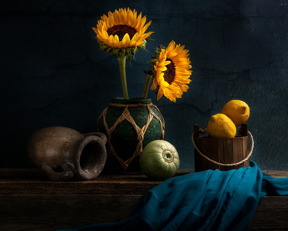Rustic Sunflowers and Lemons by Louie Luo — canvas wall art